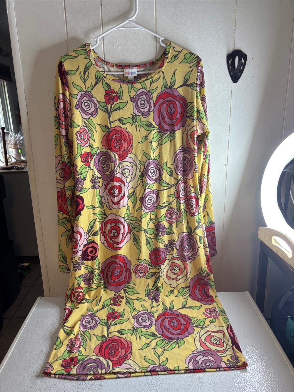 405 - LuLaRoe Yellow Floral Long Sleeve Dress with Red and Purple Blooms
